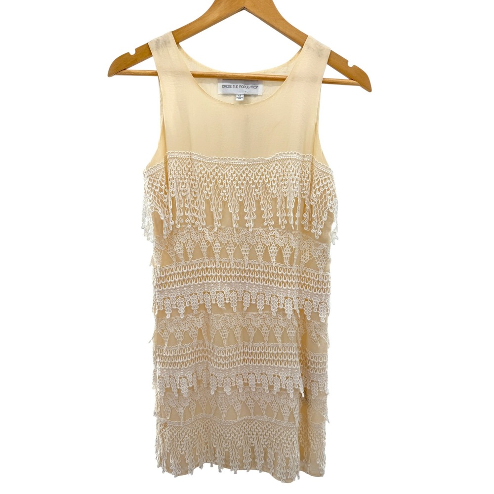Dress The Population Cream Crochet Lace Fringe Tiered Shift Dress XS Made in USA